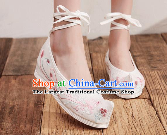 China Handmade White Bow Shoes Traditional Hanfu Shoes Embroidered Phoenix Shoes