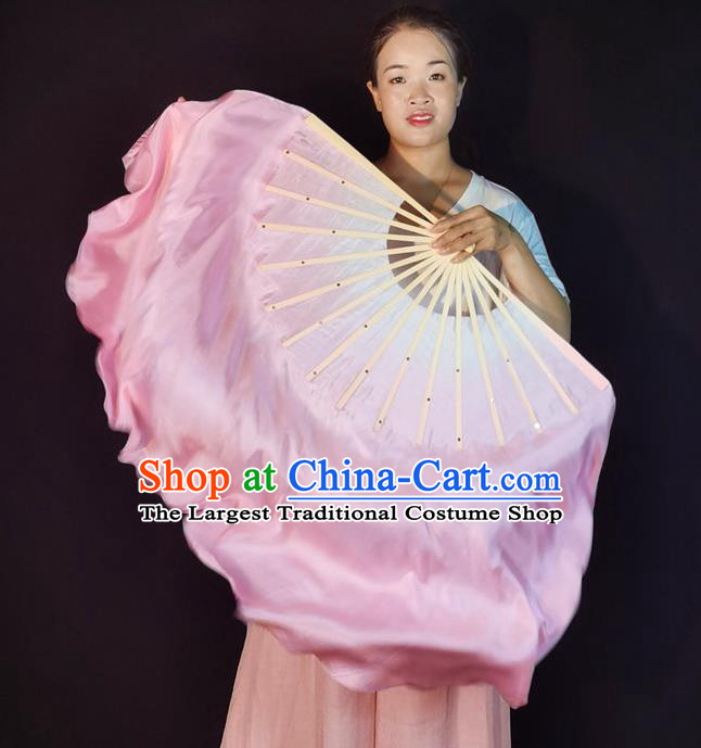 China Classical Dance Silk Fan Yangko Dance Folding Fan Pink Long Ribbon Prop Fan