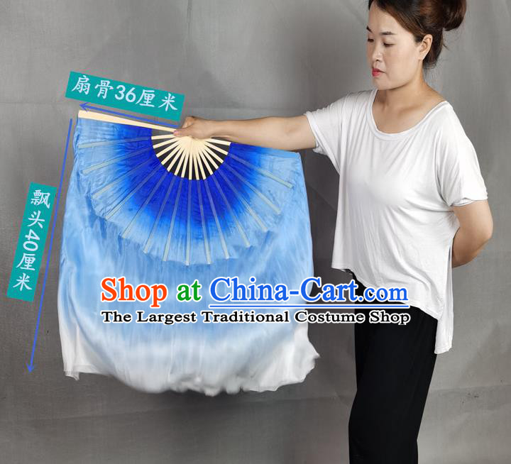 China Yangko Dance Folding Fan Blue Long Ribbon Prop Fan Classical Dance Silk Fan