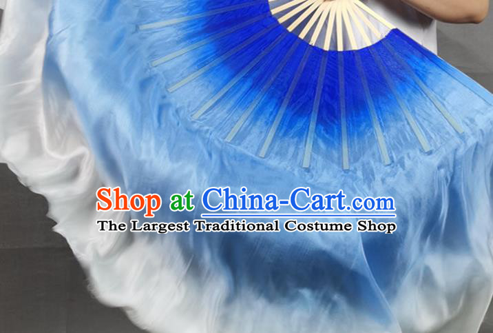 China Yangko Dance Folding Fan Blue Long Ribbon Prop Fan Classical Dance Silk Fan