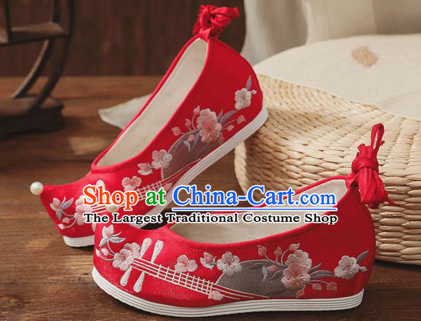 China Handmade Bride Red Bow Shoes Wedding Shoes Embroidered Lute Shoes