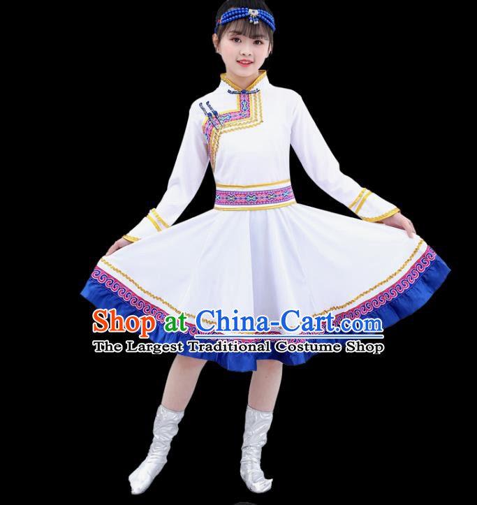 Chinese Traditional Mongol Nationality Folk Dance White Short Dress Mongolian Ethnic Children Costume