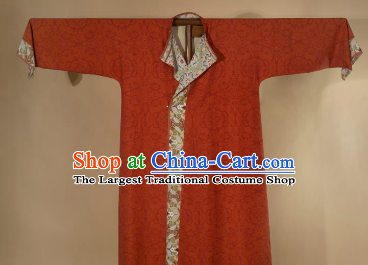 China Ancient Tang Dynasty Swordsman Historical Clothing Red Silk Round Collar Robe