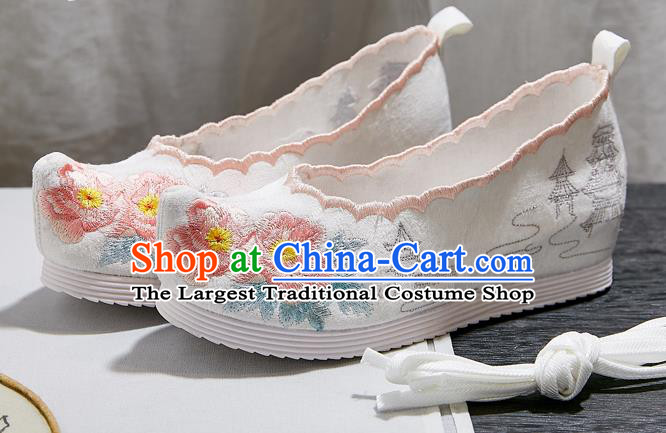 China National Bow Shoes Traditional Princess Hanfu Shoes Embroidered Peony White Cloth Shoes