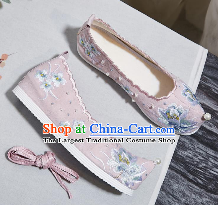 China Embroidered Lotus Pink Shoes National Bow Shoes Traditional Princess Hanfu Pearls Shoes