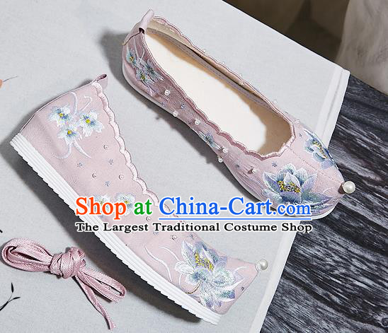China Embroidered Lotus Pink Shoes National Bow Shoes Traditional Princess Hanfu Pearls Shoes