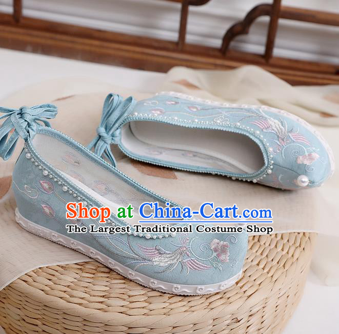 China Hanfu Blue Cloth Shoes Embroidered Phoenix Peony Shoes Traditional Ming Dynasty Princess Shoes