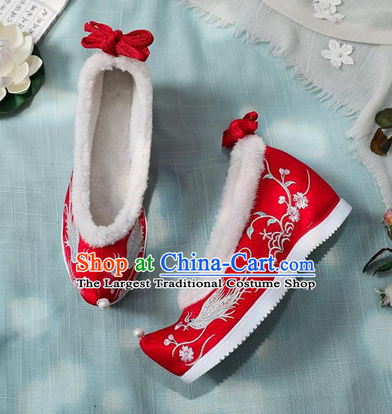 Chinese Embroidered Phoenix Red Cloth Shoes National Winter Wedding Shoes Classical Dance Wedge Heel Shoes