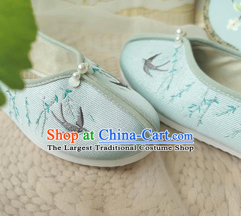 China Song Dynasty Pearls Embroidered Shoes Ancient Young Lady Shoes Traditional Hanfu Blue Cloth Shoes