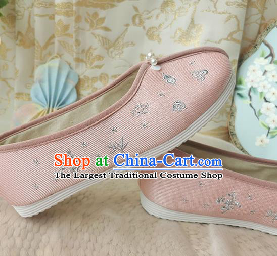 China Traditional Hanfu Shoes Song Dynasty Pearls Embroidered Shoes Ancient Princess Pink Cloth Shoes