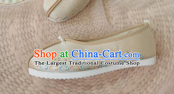 China Ancient Princess Light Golden Cloth Shoes Traditional Hanfu Shoes Song Dynasty Pearls Embroidered Shoes