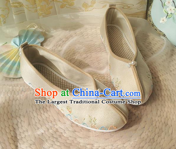China Traditional Hanfu Golden Cloth Shoes Song Dynasty Pearls Shoes Ancient Princess Embroidered Shoes