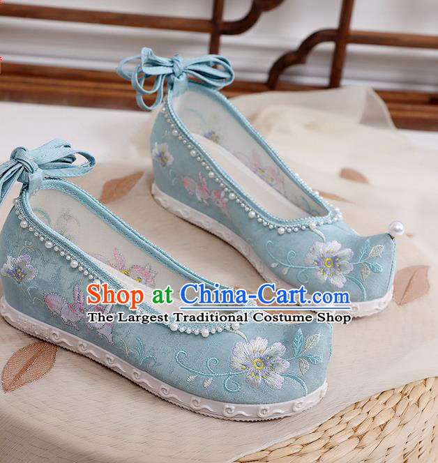 China Traditional Hanfu Shoes Ancient Ming Dynasty Princess Shoes Blue Embroidered Shoes