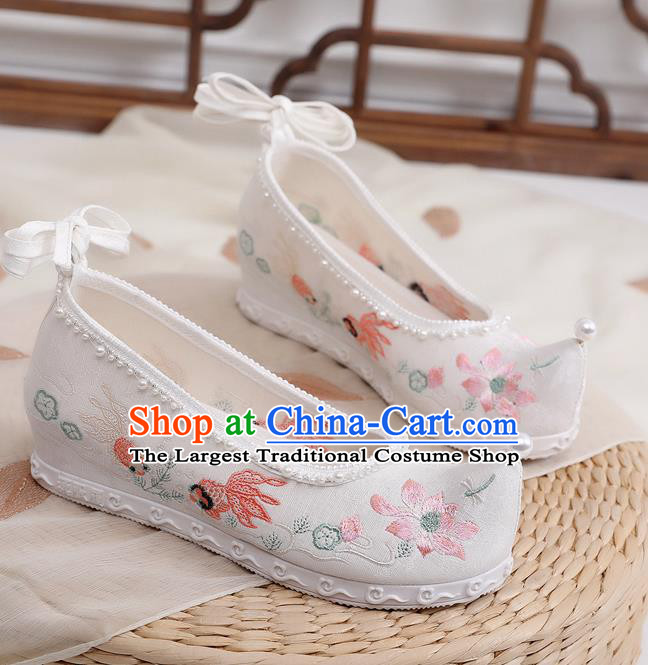China Embroidered Lotus Goldfish Shoes Traditional Hanfu Shoes Ancient Ming Dynasty Princess Shoes