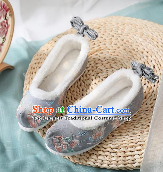 Chinese National Woman Winter Grey Cloth Shoes Traditional Embroidered Peony Shoes Classical Wedge Heel Shoes