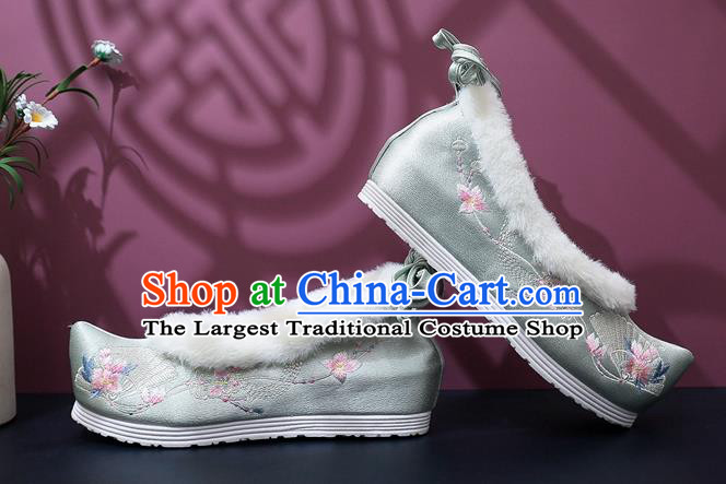 Chinese Classical Wedge Heel Shoes National Winter Shoes Traditional Embroidered Grey Satin Shoes