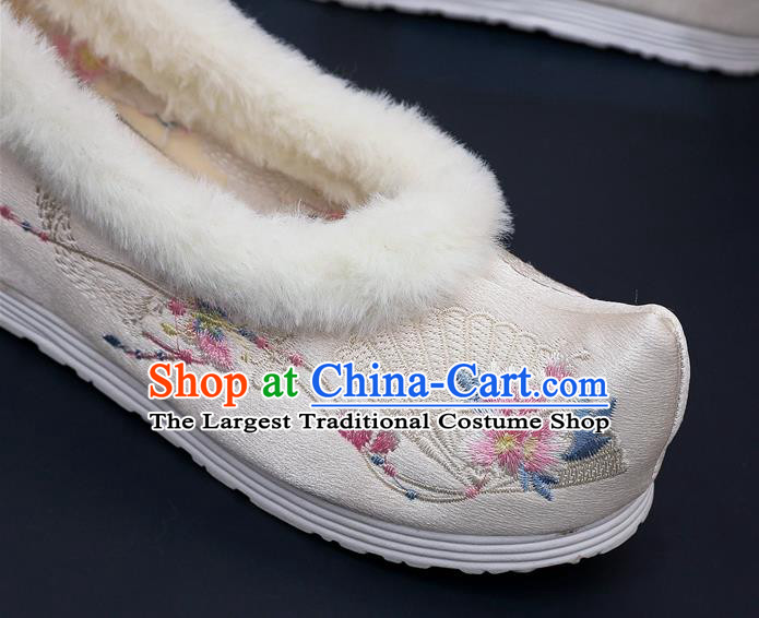 Chinese Traditional Embroidered Beige Satin Shoes Classical Wedge Heel Shoes National Winter Shoes