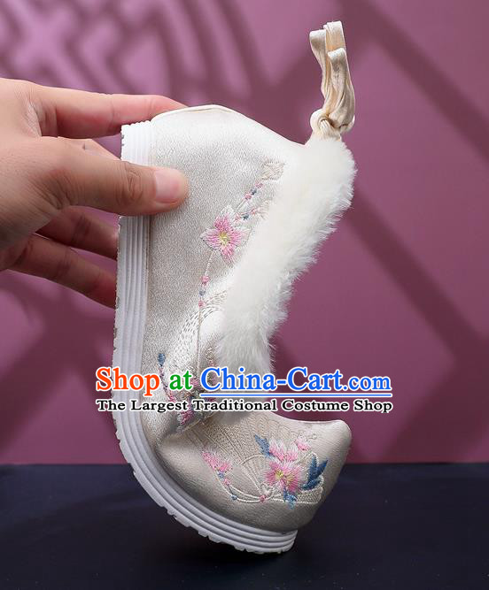 Chinese Traditional Embroidered Beige Satin Shoes Classical Wedge Heel Shoes National Winter Shoes