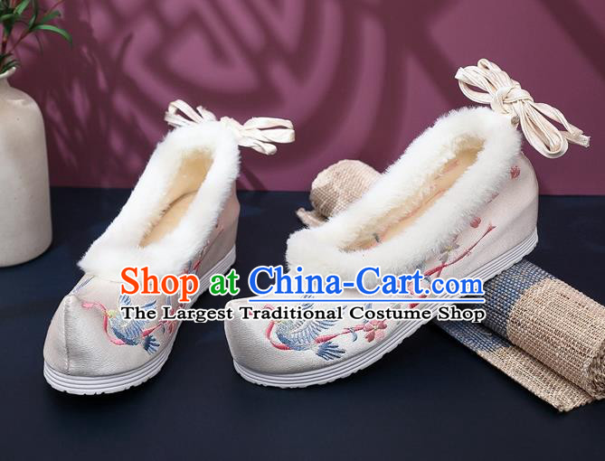 Chinese National Winter Wedge Heel Shoes Traditional Embroidered Beige Satin Shoes Classical Hanfu Shoes