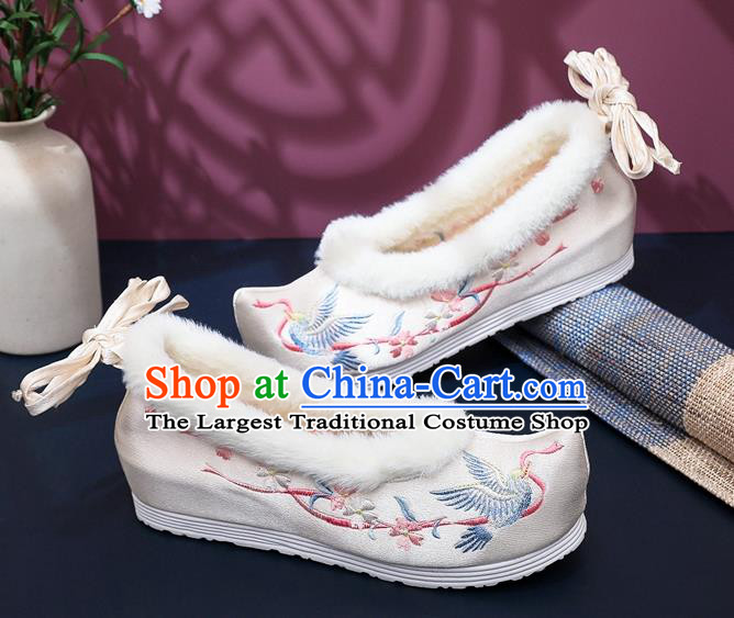 Chinese National Winter Wedge Heel Shoes Traditional Embroidered Beige Satin Shoes Classical Hanfu Shoes