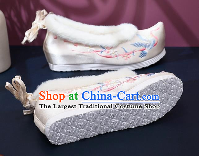 Chinese National Winter Wedge Heel Shoes Traditional Embroidered Beige Satin Shoes Classical Hanfu Shoes