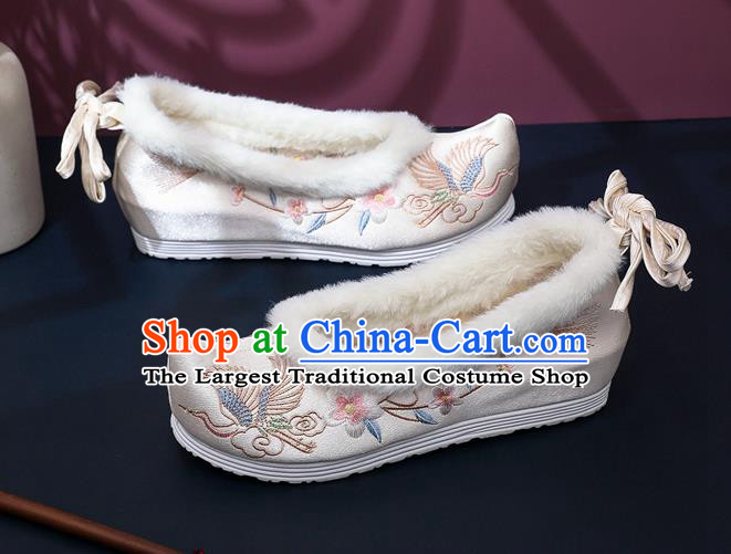 Chinese Classical Hanfu White Satin Shoes National Winter Wedge Heel Shoes Traditional Embroidered Peach Blossom Shoes