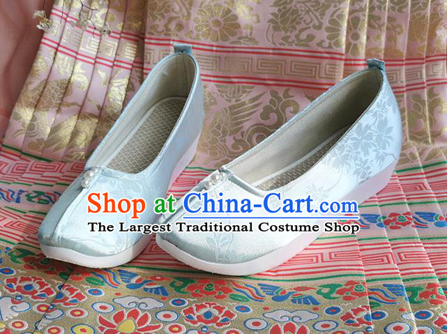 China Traditional Blue Satin Shoes Ming Dynasty Princess Shoes Ancient Hanfu Shoes
