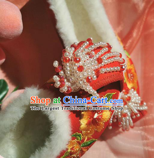 China Traditional Wedding Bride Shoes Handmade Ming Dynasty Hanfu Shoes Ancient Princess Red Embroidered Shoes