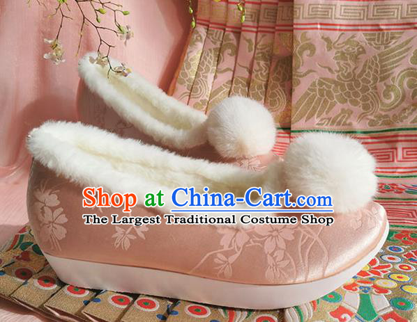 China Ancient Hanfu Winter Shoes Traditional Pink Satin Shoes Ming Dynasty Princess Shoes