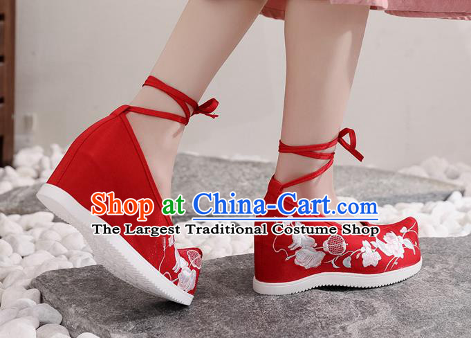 Chinese Embroidered Flowers Shoes National Woman Shoes Traditional Red Satin Wedge Heel Shoes