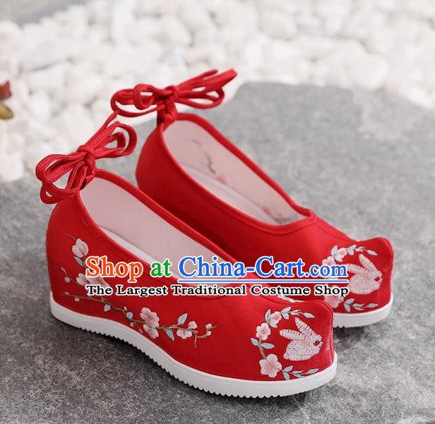 Chinese Traditional Hanfu Wedge Heel Shoes Embroidered Red Satin Shoes National Woman Shoes