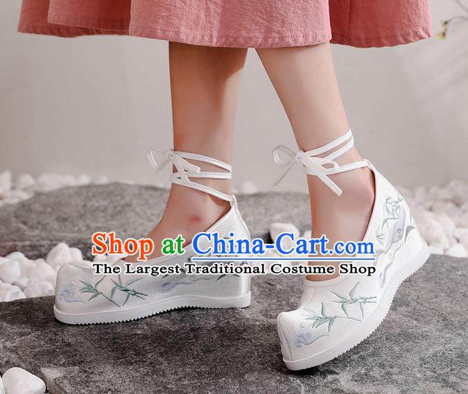 Chinese National Woman Shoes Traditional Hanfu White Satin Wedge Heel Shoes Embroidered Bamboo Leaf Shoes