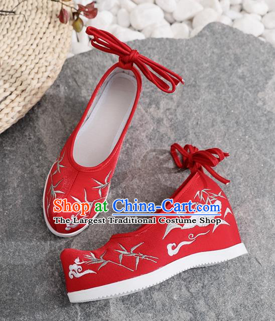 Chinese Embroidered Bamboo Leaf Shoes National Woman Shoes Traditional Hanfu Red Satin Wedge Heel Shoes