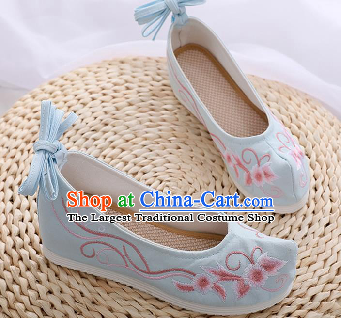 China Ancient Princess Hanfu Shoes Classical Dance Blue Cloth Shoes Embroidered Shoes