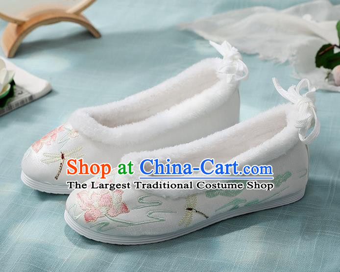 Chinese Embroidered Lotus Shoes National Woman Winter Shoes Traditional Hanfu Shoes White Cloth Shoes