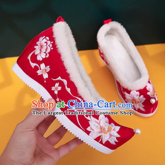 Chinese National Winter Wedding Shoes Traditional Xiuhe Suit Red Cloth Shoes Woman Embroidered Lotus Shoes