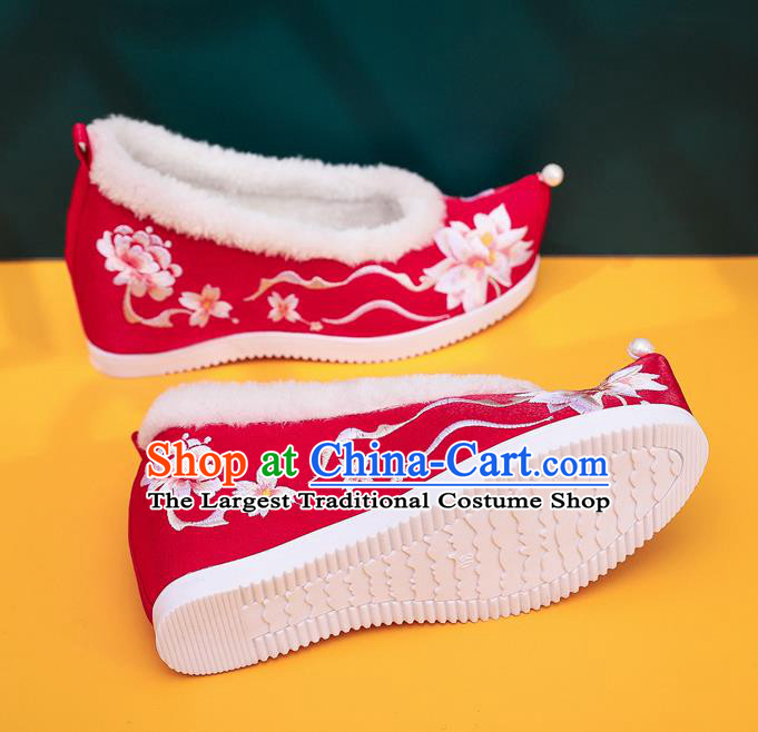 Chinese National Winter Wedding Shoes Traditional Xiuhe Suit Red Cloth Shoes Woman Embroidered Lotus Shoes