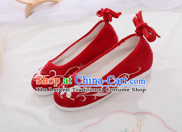 Chinese Woman Embroidered Butterfly Shoes National Red Cloth Shoes Traditional Folk Dance Shoes