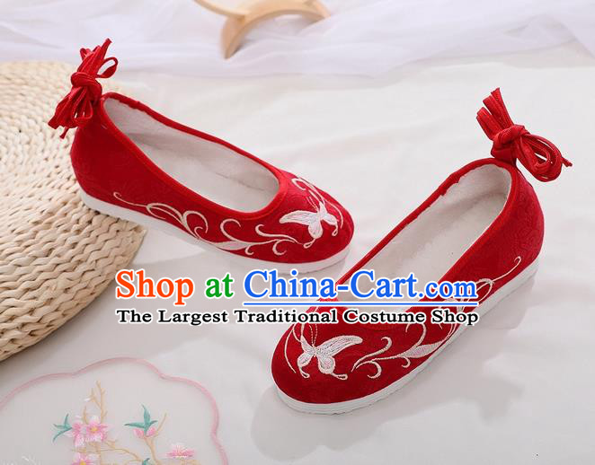 Chinese Woman Embroidered Butterfly Shoes National Red Cloth Shoes Traditional Folk Dance Shoes