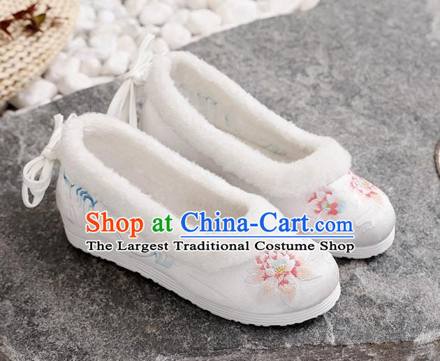 Chinese Woman Embroidered Lotus Shoes National Winter White Cloth Shoes Traditional Dance Shoes