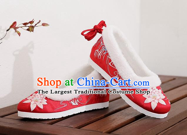 Chinese Traditional Xiuhe Suit Bride Shoes Woman Embroidered Lotus Shoes National Winter Red Cloth Shoes