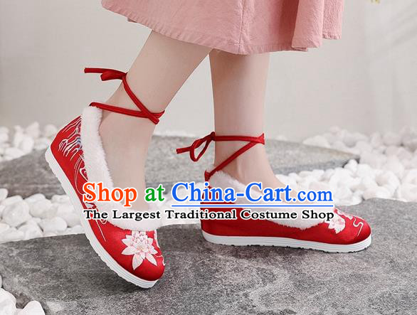 Chinese Traditional Xiuhe Suit Bride Shoes Woman Embroidered Lotus Shoes National Winter Red Cloth Shoes