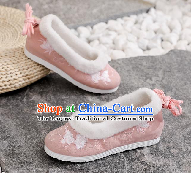 Chinese Traditional Hanfu Young Lady Shoes Pink Embroidered Shoes National Winter Cloth Shoes