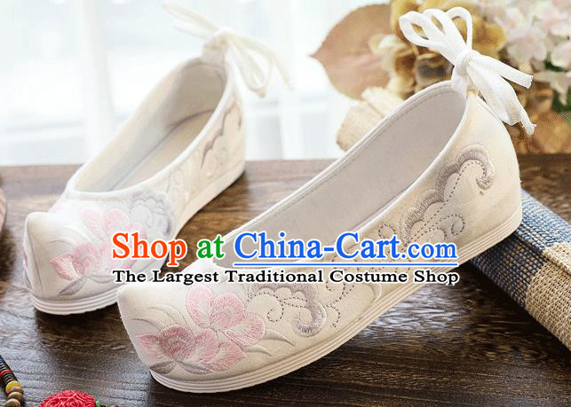 China Embroidered White Cloth Bow Shoes Traditional Hanfu Shoes Handmade Folk Dance Shoes
