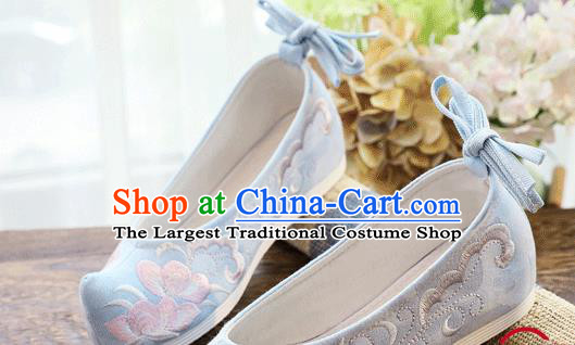 China Handmade Folk Dance Shoes Embroidered Blue Cloth Bow Shoes Traditional Hanfu Shoes