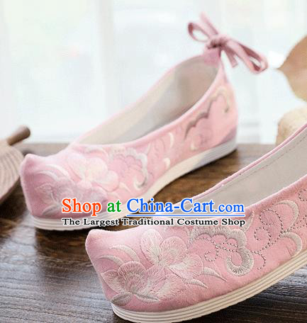 China Traditional Hanfu Shoes Handmade Folk Dance Shoes Embroidered Pink Cloth Bow Shoes