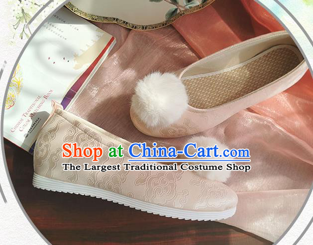 China Ancient Princess Shoes Traditional Hanfu Shoes Handmade Ming Dynasty Champagne Satin Shoes