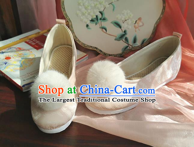 China Ancient Princess Shoes Traditional Hanfu Shoes Handmade Ming Dynasty Champagne Satin Shoes