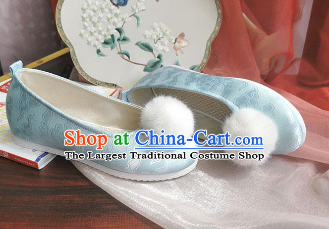 China Handmade Ming Dynasty Light Blue Satin Shoes Ancient Princess Shoes Traditional Hanfu Shoes