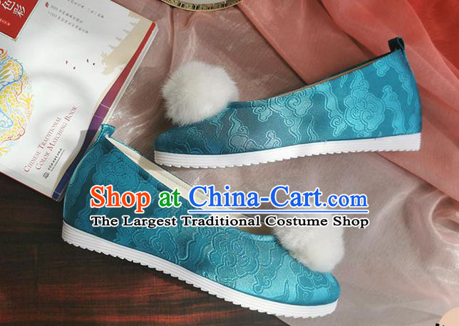 China Traditional Hanfu Shoes Handmade Ming Dynasty Blue Satin Shoes Ancient Princess Shoes